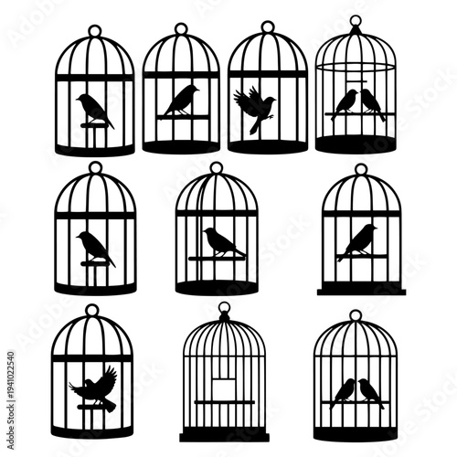 Birds in Cage Silhouettes for Freedom and Captivity Concepts