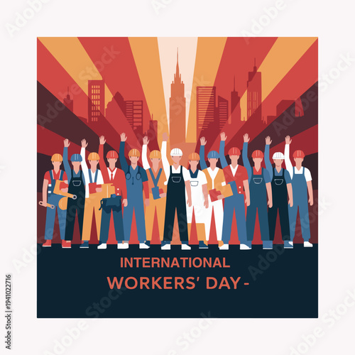 
International Workers Day poster celebrating labor unity hardworking people solidarity rights global workforce
