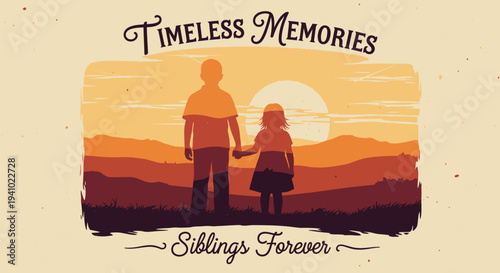 Silhouetted Brother and Sister Holding Hands.