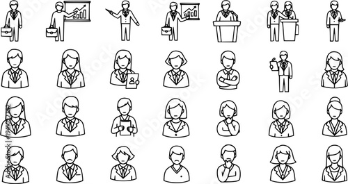 Business People Icons: Diverse Professions in Black and White Line Art Style