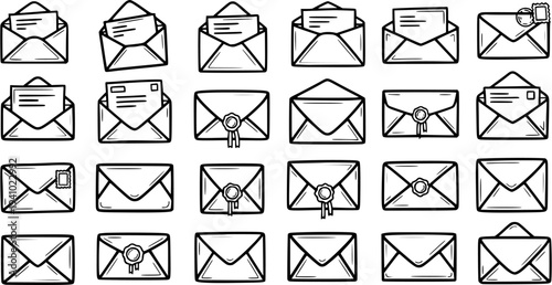 Black and White Line Art Icons of Envelopes, Letters, Mail, and Post - Communication and Delivery Symbols