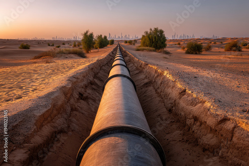Wallpaper Mural Desert pipeline sunset metal gas pipeline long perspective leading to distant skyline sand dune shrub arid landscape Torontodigital.ca