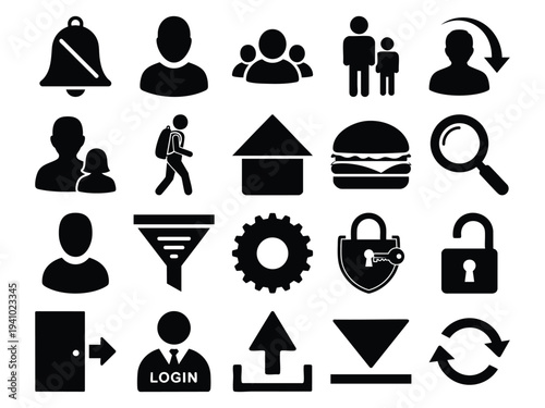 A comprehensive collection of black silhouette vector icons for web and mobile applications, featuring user profiles, settings, navigation, and common digital actions.