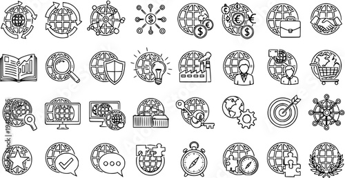 Black and White Line Art Icons of Global Business and Finance Concepts