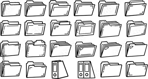 Business Office Data File Folders Black and White Line Art Icon Set. Hand Drawn Document Organizer and Archiving Doodle Vector Illustration.
