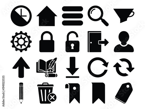 Set of 20 Black Silhouette Vector Icons for Web Design and User Interface, Featuring Home, Search, Settings, Lock, Download, and More Essential UI Elements