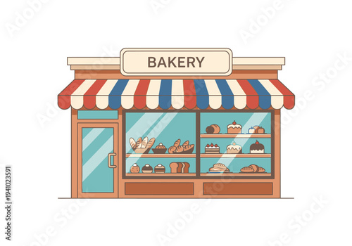 A bakery shop illustration It has a striped awning large glass windows and a door The sign above the shop reads BAKERY