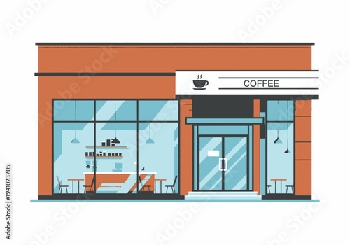 A coffee shop with large glass windows and an orange facade a door and a coffee sign