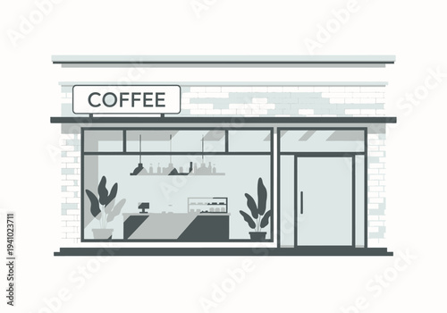 A coffee shop facade illustration with a sign windows a door and plants