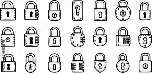 Black and White Line Art Icons of Various Padlocks and Locks for Security and Access Concepts