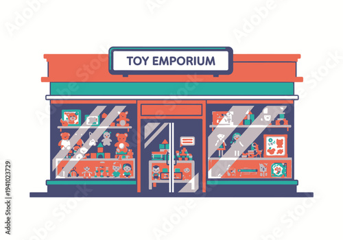 A flat illustration of a toy store with a red facade and a sign that says TOY EMPORIUM Displayed in the windows are various toys