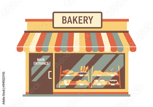 A flatstyle illustration of a bakery with baked goods displayed in the window The bakery has a striped awning and a BAKERY sign