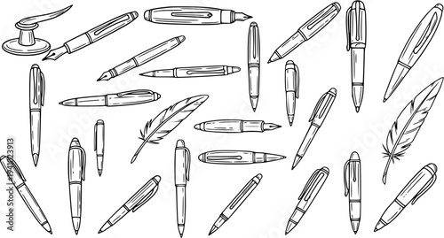 Black and White Line Art Hand Drawn Sketch of Writing Instruments. A detailed collection of pens, fountain pens, quill, and an inkwell for education, office, and stationery.