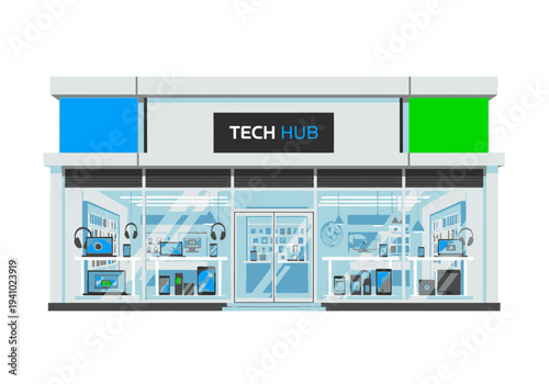A tech store facade Displays tech gadgets behind a glass storefront Black awning blue and green rectangles