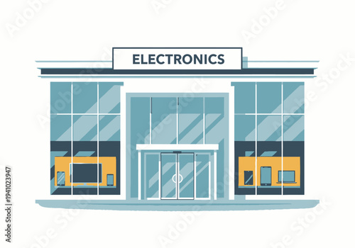 An illustrated electronics store with glass windows doors and a sign Displayed are TVs tablets and phones