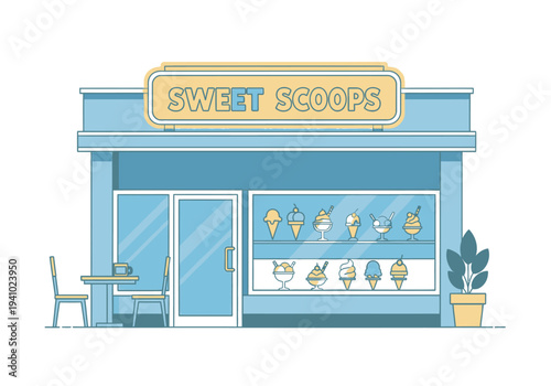 An ice cream shop with a sign SWEET SCOOPS display of ice cream treats two chairs table and a potted plant