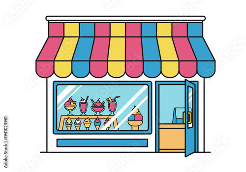 An ice cream shop with a striped awning display window and open door