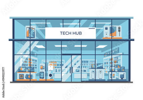 An illustrated glassfronted Tech Hub building with visible electronic devices on display