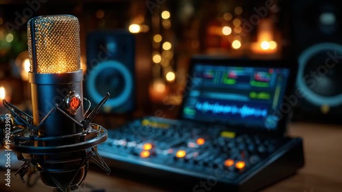 Professional studio microphone with soundboard in recording studio