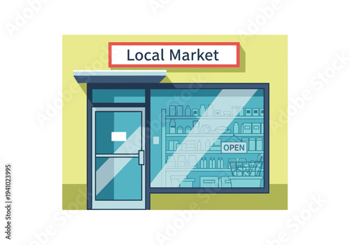 An illustration of a Local Market shop exterior with an open sign