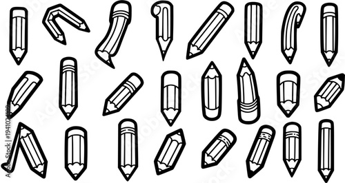 Black and White Line Art Collection of Various Pencil Illustrations, Education  Writing Iconography