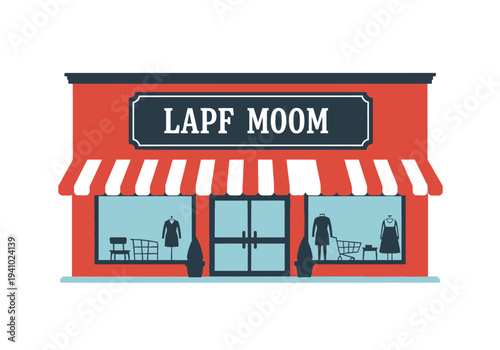 Storefront with LAPF MOOM sign awning glass doors and window displays