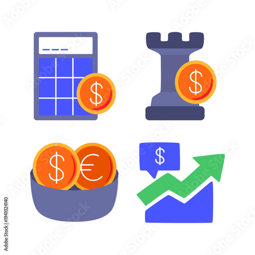 Flat icon illustration of a financial calculator, financial strategy, and bucket coin, representing a volatile market