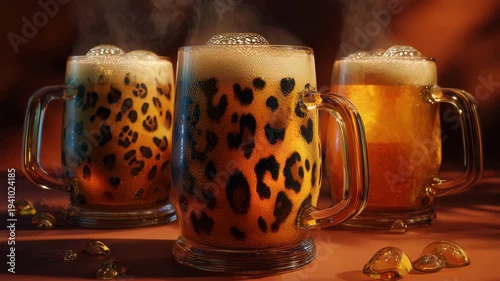 Three steaming mugs of beer with leopard print and ice on table