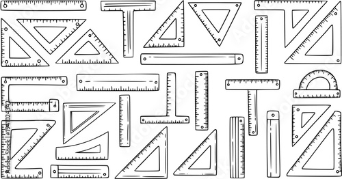 Black and White Line Art Illustration of Various Geometric Rulers and Triangles for Education and Drafting