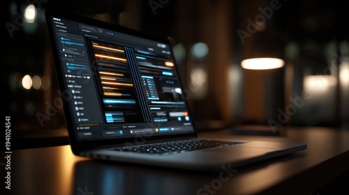 Wallpaper Mural Laptop on dark desk displaying code editor and package download interface with glowing progress bars and blurred warm office background, creating focused and productive nighttime mood Torontodigital.ca