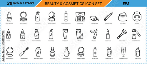 Beauty and Cosmetics Icon Set Editable Stroke Line Art Keywords: beauty, cosmetics, makeup
