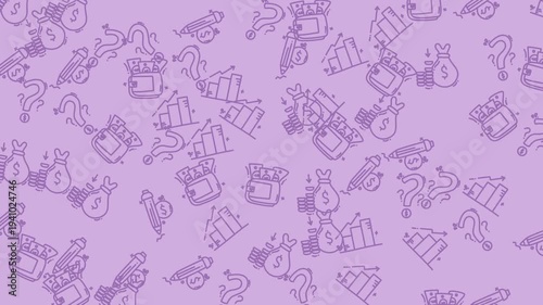 Seamless light purple background pattern with hand-drawn financial doodles, money bags, wallets, bar charts, and question marks, ideal for finance and business themes.