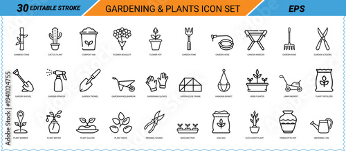 Gardening and Plants Icon Set Editable Stroke Line Art Keywords: gardening, plants, icons, set