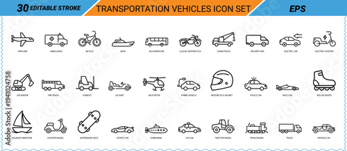 Transportation Vehicles Icon Set Editable Stroke Line Art Keywords: transportation, vehicles
