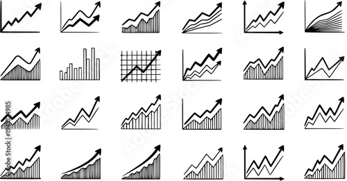 Black and White Line Art of Various Growing Upward Trend Arrow Graphs for Finance and Business