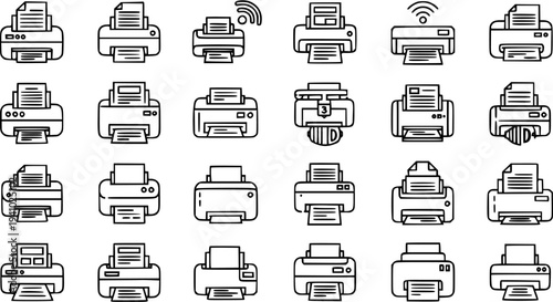 Technology Office Printer Line Art Icons Set. Collection of Outline Printing Machine Devices for Document Output, Business, and Digital Communication.