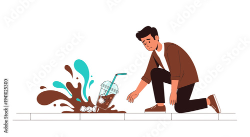 Sad man kneeling down after spilling coffee drink on the floor