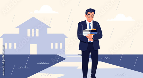 Sad businessman walking in the rain with books, leaving school or office building