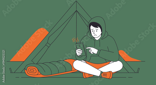 Sad person in tent with burning match, camping and loneliness concept