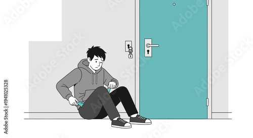 Sad young man sitting on floor outside closed door, feeling rejected or lost