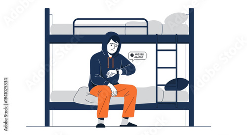 Sad Teenager in Hoodie Checks Smartwatch on Bunk Bed, Feeling Lonely