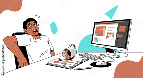 Shocked man spills coffee on laptop and book at messy desk, work disaster