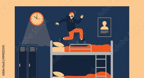 Scared teenager jumping from top bunk bed at night, alarm clock showing late time