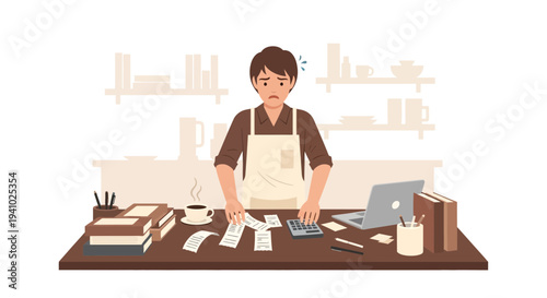 Stressed Accountant Calculating Bills and Receipts at Desk