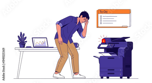 Stressed businessman frustrated by malfunctioning office printer and overflowing to-do list