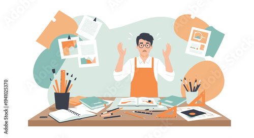 Stressed Artist Overwhelmed by Creative Work and Messy Desk