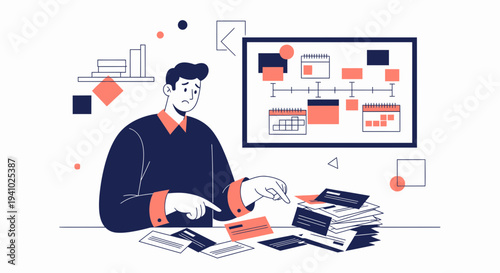 Stressed businessman overwhelmed by tasks and deadlines, planning and organization concept