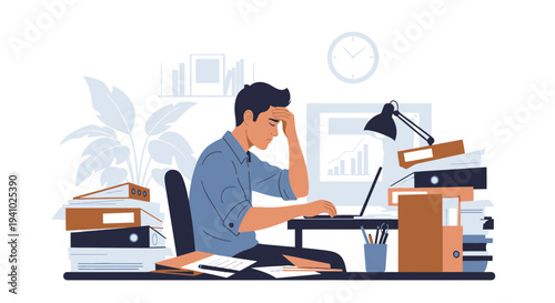 Stressed Businessman Overwhelmed by Workload, Piles of Documents and Laptop