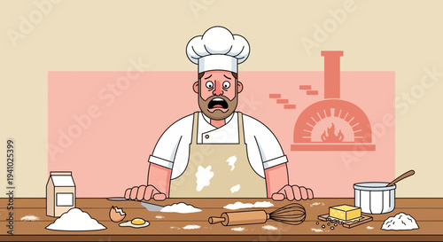 Stressed Chef Messy Kitchen Flour Egg Butter Rolling Pin Oven Baking Disaster