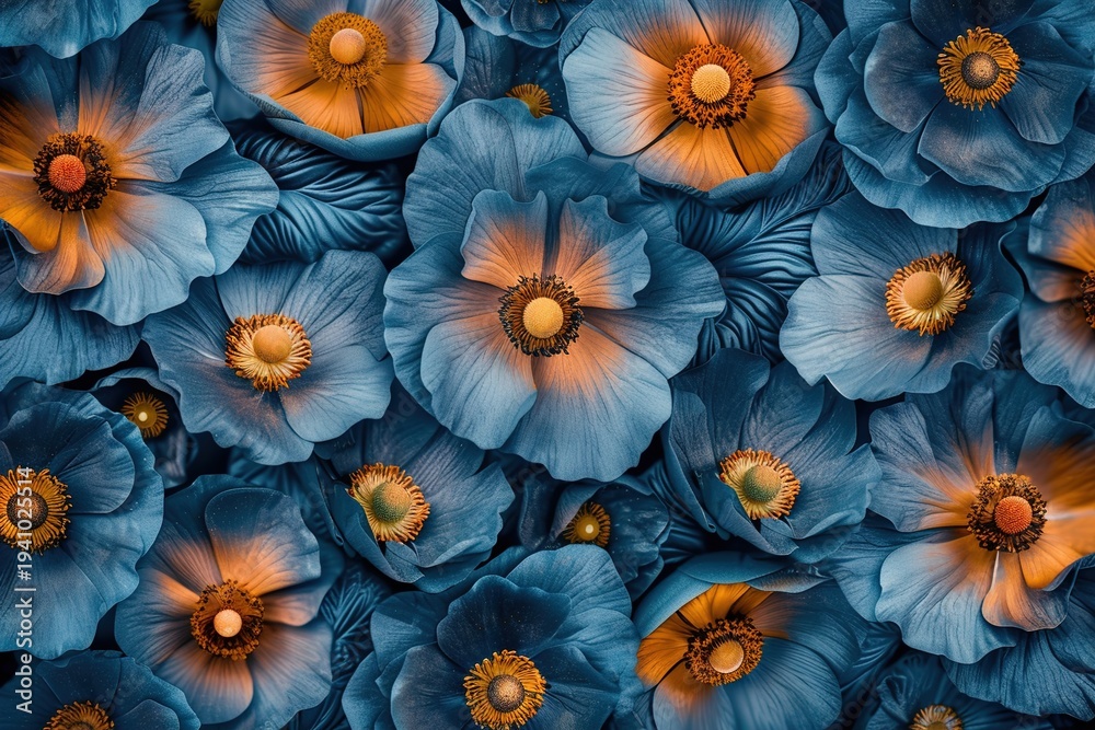 Fototapeta premium Vibrant Blue and Gold Floral Close-Up with Textured Petals